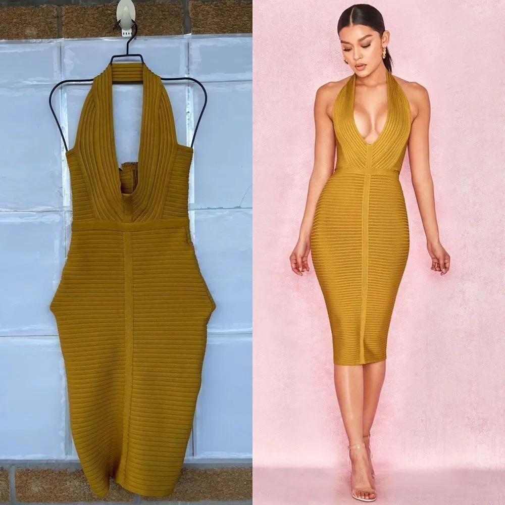 House of CB London Verbena Rib Bandage Halter Dress XS
